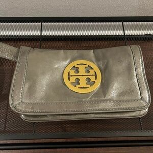 Tory Burch Metallic Silver Bag with Gold Emblem